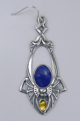 Sterling Silver Dramatic Art Deco Drop Dangle Earrings With Lapis Lazuli And Citrine